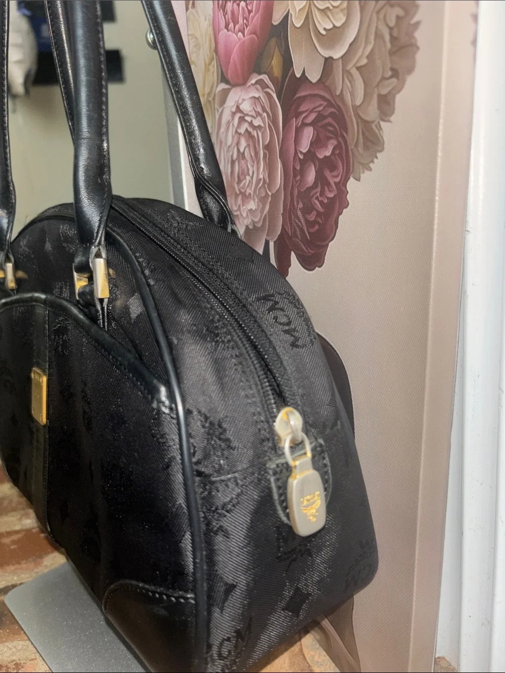 MCM Black Logo Dome Satchel with Gold Plaque